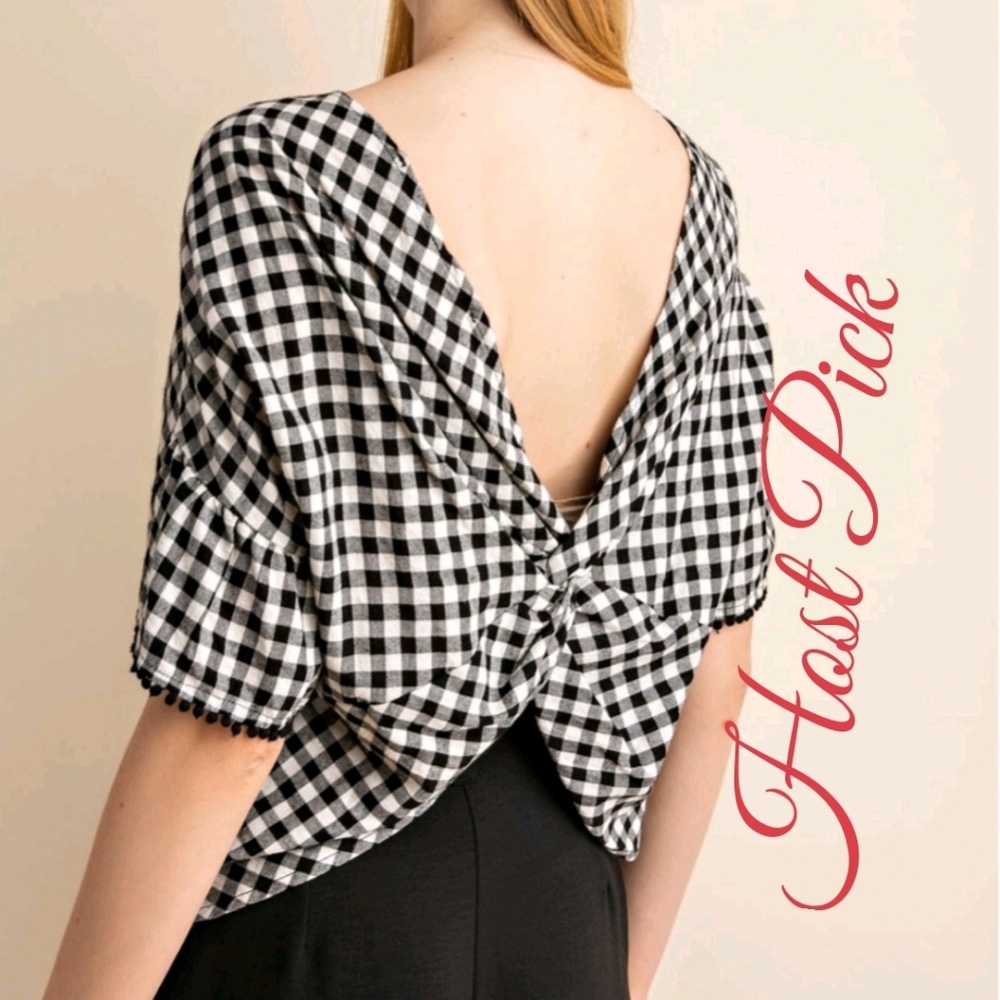 Gilli Gingham Twist Knot Back Top Black & White